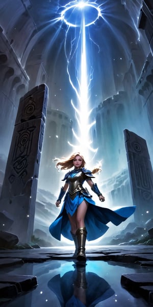 mature warrior girl, alone, levitating among mysterious ruins, armor, power, dynamic angle, magic particles, dust particles, glow, reflection, glitter, glare,6000,arcane ruins