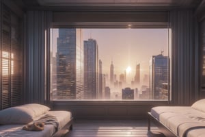 City, metropolis, with skyscrapers, against the backdrop of a gold sunset, yellow and orange sky, the glare of the sun on the buildings, sun rays between buildings, without people, Futuristic future, adstech,indochine bedroom interior,DonMS4ndW0rld