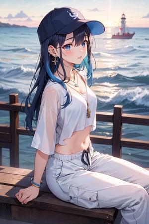 japanese mature 20yr girl, blue hair,long hair (straight_hair), hiphop dancer,wearing all white clothes (loose fit top and wide cargo pants),sneakers,accessories(necklace,ear_rings)baseball cap, sitting at sea bank,horizon,seaside,vivid sea color,red lighthouse,sunset,Best Quality, 32k, photorealistic, ultra-detailed, finely detailed, high resolution, perfect dynamic composition, beautiful detailed eyes, sharp-focus, cowboy_shot,