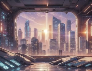 City, metropolis, with skyscrapers, against the backdrop of a gold sunset, yellow and orange sky, the glare of the sun on the buildings, sun rays between buildings, without people, Futuristic future, adstech,DonMS4ndW0rld