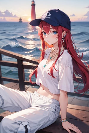 japanese girl, pastel red hair,long hair (straight_hair), hiphop dancer,wearing all white clothes (loose fit top and wide cargo pants),sneakers,accessories(necklace,ear_rings)baseball cap, sitting at sea bank,horizon,seaside,vivid sea color,red lighthouse,sunset,Best Quality, 32k, photorealistic, ultra-detailed, finely detailed, high resolution, perfect dynamic composition, beautiful detailed eyes, sharp-focus, cowboy_shot,