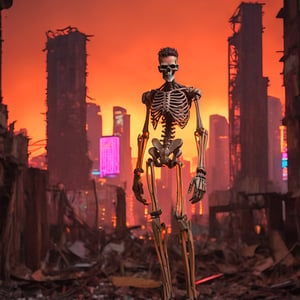 A confident male figure stands tall in the foreground, his full body visible against a devastated neon-lit cityscape. The warm glow of a golden hour sunset bathes the ruins of towering skyscrapers, their steel beams exposed like skeletal fingers. Flickering neon signs cast a vibrant, yet decaying sheen throughout the background. His face retains its natural features as he stands, lit by a soft, orange-hued radiance that matches the city's ambiance. Subtle cybernetic implants or weathered clothing hints at his connection to this futuristic world.