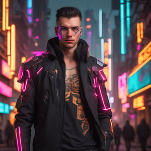 **Subject:** Male photo, standing

**Focus:** Maintain the original face of the male subject. He should be standing confidently in the foreground, with a clear view of his FULL BODY.

**Clear Background** : Neon cyberpunk futuristic cityscape. The city should be devastated and destroyed, with towering skyscrapers in ruins bathed in the warm orange light of a golden hour sunset. Neon signs should flicker throughout the background, adding vibrant color and a sense of decay.

**Style:** Realistic photograph. 

** Details:**
* Ensure the lighting on the subject matches the golden hour light source in the background. 
* You can add subtle details to the male subject, such as glowing cybernetic implants or weathered clothing that reflects the cyberpunk aesthetic. 