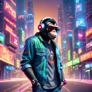 image of a geek chimp wearing cool looking sunglasses,over ear headphones,wearing denim jacket and ghetto style outfits, with confident look on his face, background of cyberpunk city with neon lights reflecting red and blue and green lights , he is standing in top of building facing the cyberpunk city, realistic pixelated image,potma style,ULTIMATE LOGO MAKER [XL]