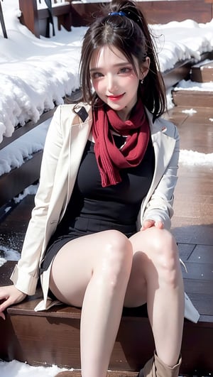 (Best quality, 8k, 32k, Masterpiece, UHD:1.2),Photo of Pretty  woman, stunning, 1girl, (medium dark brown ponytail), double eyelid, natural medium-large breasts, slender legs, tall body, soft curves, skin pores, white coat, knit dress shirt, checkered skirt, red scarf, snow heeled boot, sitting on stairs on shrine, snowy shrine, heavy snow on shrine, fashion model posing, unforgettable beauty, look at viewer, sexy smile, closed to up, lifelike rendering, detailed facial features, detailed real skin texture, detailed details,ffff,33310,shiny oil grey pantyhose