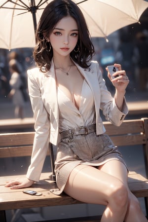 paris,street,outdoor cafe,parasol,table((coffee cups(straw),laptop,book,cellphone)),shoulder bag,
20 yo, 1 girl, beautiful korean girl,happy smile,drinking coffee,sitting(close legs) on the chair,
wearing white tight suit(laced blouse and jacket), tight short skirt,solo, {beautiful and detailed eyes}, dark eyes, calm expression, delicate facial features, ((model pose)), Glamor body type, (dark hair:1.2),hair_past_waist,curly hair,very long hair,simple tiny earrings, flim grain, realhands, masterpiece, Best Quality, 16k, photorealistic, ultra-detailed, finely detailed, high resolution, perfect dynamic composition, beautiful detailed eyes, eye smile, ((nervous and embarrassed)), sharp-focus, full_body, cowboy_shot,