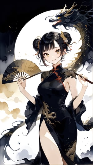 //quality
masterpiece, best quality, aesthetic, 
//Character
1girl, (large breasts:1.1), 
beautiful detailed eyes, big eyes, bun hair
//Fashion
The girl, dressed in a (Cheongsam adorned with a golden dragon on a black background:1.0),Slender woman holds her Spanish lace fan in her hand,, exudes elegance and mystery in her beautiful appearance. Her hair is black and glossy, styled elegantly. Her expression is gentle, with a constant smile that seems to bring happiness to those around her. The Cheongsam fits her body perfectly, with intricate dragon patterns delicately drawn throughout. 
//Background 
(watercolor:0.6),FilmGirl,Chinese dragon,DonM5cy7h3XL,scythe,holding scythe,Lady Dior Bag,chinese ink drawing