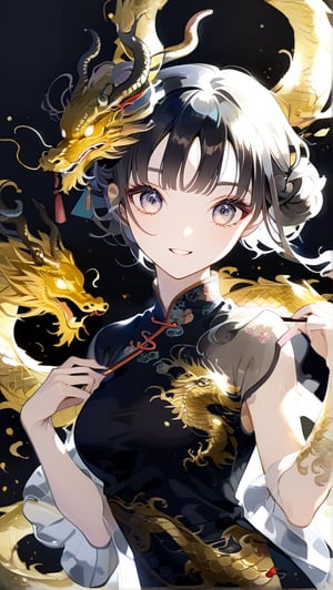 //quality
masterpiece, best quality, aesthetic, 
//Character
1girl, (large breasts:1.1), 
beautiful detailed eyes, big eyes, bun hair
//Fashion
The girl, dressed in a (Cheongsam adorned with a golden dragon on a black background:1.0), exudes elegance and mystery in her beautiful appearance. Her hair is black and glossy, styled elegantly. Her expression is gentle, with a constant smile that seems to bring happiness to those around her. The Cheongsam fits her body perfectly, with intricate dragon patterns delicately drawn throughout(Glowing slightly). 
holding Girl(fan adorned with a golden dragon on a black background)
//Background 
(watercolor:0.6)