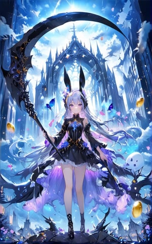 8k, 1girl, solo,, wings,  black white dress, black wings.

holding weapon,Huge God's Death Scythe.

biology ghost. 

Fluffy White perched upon golden bejeweled tower in a heavenly utopian city, church, glowing nebula eyes, white flowing clouds.

vibrant colors, female, masterpiece, sharp focus, best quality, depth of field, cinematic lighting, ((solo, one woman )), (illustration, 8k CG, (extremely detailed), masterpiece, ultra-detailed, , smile , amidst a background composed of fantastic elements sakura trees, clouds, ,light,detail,sun in sky,portrait,sangonomiya kokomi (sparkling coralbone)
A surrealistic artwork blending fantasy and reality, featuring a Playboy Easter Bunny Girl amidst a field of floating flowers and suspended decorated eggs. The scene exudes an otherworldly charm, with the seductive allure of the bunny girl adding an unexpected and delightful twist to the whimsical composition,DonM5cy7h3,scythe