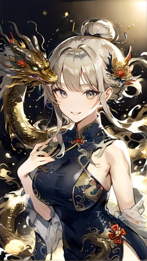 //quality
masterpiece, best quality, aesthetic, 
//Character
1girl, (large breasts:1.1), 
beautiful detailed eyes, big eyes, bun hair
//Fashion
The girl, dressed in a (Cheongsam adorned with a golden dragon on a black background:1.0), exudes elegance and mystery in her beautiful appearance. Her hair is black and glossy, styled elegantly. Her expression is gentle, with a constant smile that seems to bring happiness to those around her. The Cheongsam fits her body perfectly, with intricate dragon patterns delicately drawn throughout(Glowing slightly). 
girl holding (big fan adorned with a golden dragon on a black background)
//Background 
(watercolor:0.6)
