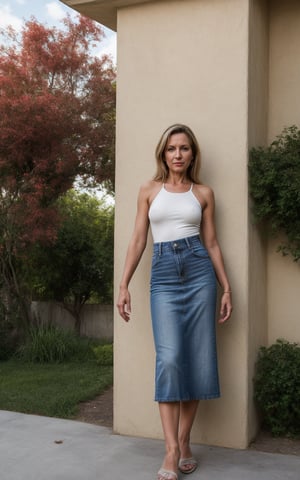 Realistic 40 year old woman, Ultra-detail, highres:1.1, best quality, full body, outside house, mom, cinematic, tanned, detailed, wearing a ((high-waisted long denim skirt))