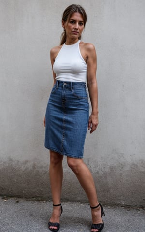 Realistic 40 year old woman, Ultra-detail, highres:1.1, best quality, full body, outside, tanned, detailed, wearing a ((high-waisted long denim skirt))