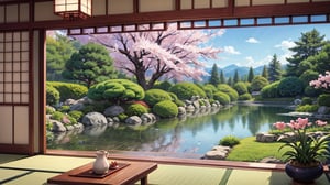 A comfortable Japanese-style room with a large scenic view of a Japanese garden where cherry blossoms are in full bloom, inspired by the artistic style reminiscent of manga artist Midorikawa Yuki, with an emphasis on gentle and soft colors. The scene should evoke a peaceful and serene atmosphere, aiming for a 16:9 aspect ratio. The composition should capture the essence of a tranquil Japanese setting in anime style, reflecting the unique blend of detail and simplicity characteristic of Midorikawa Yuki's work.