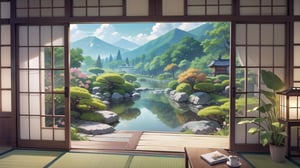 A Japanese room with a large scenic view of a Japanese garden.