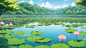 A serene scene of a lotus pond in full bloom, viewed from a distance. The pond with some vibrant lotus flowers and lush green leaves, set against a tranquil natural landscape. 