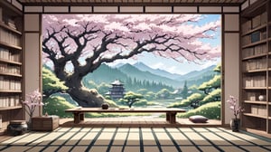 A study room designed in the wabi-sabi aesthetic, featuring extensive bookshelves and a large scenic view of a Japanese garden with cherry blossoms in full bloom. This setting is depicted in the soft and gentle anime style reminiscent of manga artist Midorikawa Yuki, emphasizing gentle and soft colors. The room combines the beauty of imperfection and the simplicity of the wabi-sabi philosophy with the serene beauty of the cherry-blossom-filled garden, aiming for a serene and contemplative atmosphere. The composition is designed for a 16:9 aspect ratio, capturing the essence of a peaceful study environment influenced by both traditional Japanese aesthetics and Midorikawa Yuki's style.