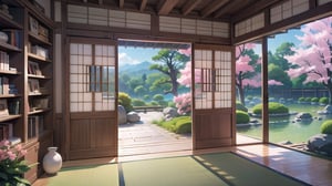 A study room designed in the wabi-sabi aesthetic, featuring extensive bookshelves and a large scenic view of a Japanese garden with cherry blossoms in full bloom. 