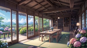 A study room designed in the wabi-sabi aesthetic, featuring extensive bookshelves and a large scenic view of a Japanese garden with hydrangeas blossoms in full bloom. 