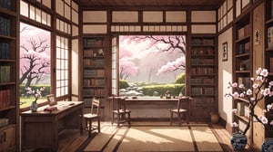 A study room designed in the wabi-sabi aesthetic, featuring extensive bookshelves and a large scenic view of a Japanese garden with cherry blossoms in full bloom. This setting is depicted in the soft and gentle anime style reminiscent of manga artist Midorikawa Yuki, emphasizing gentle and soft colors. The room combines the beauty of imperfection and the simplicity of the wabi-sabi philosophy with the serene beauty of the cherry-blossom-filled garden, aiming for a serene and contemplative atmosphere. The composition is designed for a 16:9 aspect ratio, capturing the essence of a peaceful study environment influenced by both traditional Japanese aesthetics and Midorikawa Yuki's style.