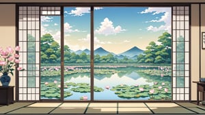 A Japanese-style room with a large scenic window view of a pond filled with blooming lotus flowers. The image should be in the soft and gentle anime style reminiscent of manga artist Midorikawa Yuki, emphasizing gentle and soft colors. The composition captures the serene beauty of the lotus pond as seen through the window, creating a peaceful and harmonious atmosphere inside the room. The image should be in a 16:9 aspect ratio.