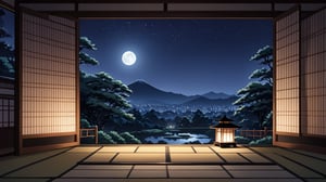 
A Japanese-style room at night with a large scenic view of a Japanese garden at night, moonlight shining from above