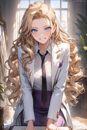 masterpiece, best quality, extremely detailed, (illustration, official art:1.1), 1 girl ,25 years old, long blonde hair, low 4 drill hair, big eyes, hair pulled back,  masterpiece, best quality, blue eyes, white shirt, black tie, Purple skirt, very long hair, white background, ((High-end white coat long-sleeve working)), Mature, Cheerful, brown boots, Exquisite images, Cheerful smile