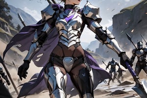 helmet, (one-handed spear on the battlefield: 1.5),((masterpiece, best quality, newest)),dark skin, Sexy figure,  black turtleneck long sleeves wetsuit ,black thigh high over the knee socks , (silver armor : 1.5),black gloves, (silver armor lower body),((purple cloak on the behind back Shoulder)), hateful, Detailed images,scenery, Image line smoothing,dynamic,Bria,nhdsrmr,Expressiveh