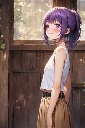 Here is a high-quality, coherent, and stable diffusion prompt for you:

A 10-year-old Minori Kushieda stands upright, wearing a white sleeveless Crop Tops T-shirt with a focus on the brown skirt and black belt. Her short purple hair is tied up in a ponytail with no intake hair. She has air bangs with fringe bangs and a hime cut. Her facial expression is a cute smile with blush on her cheeks. She wears brown shoes and has extremely detailed, realistic purple eyes with beautiful irises. In the background, there's a simple setting with a sense of depth. The image should be in high-resolution 8K, with best quality, ultra-detailed hair, and stunningly rendered eyes. The overall atmosphere is kawaii, with a true beauty and affectionate smile, making her a lovely little girl.