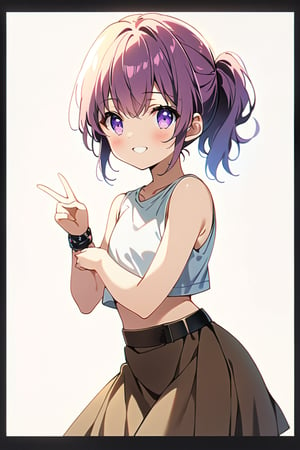 girl stand upright, score_7, score_6_up, score_5_up, score_4_up, (Brown fanny pack), (Focus on White sleeveless Crop Tops T-shirt:1.5), Crop Tops T-shirt , (Focus brown skirt: 1.5), black belt, highres, detailed eyes, extremely detailed hair, Ultra-detail,highres, best quality, (purple short hair), short hair, (tie up hair:1.5), ((short front ponytail:1.5)), ((purple eyes)), (Beautiful iris with high precision, masterpiece, glitter, Realistic Purple Eyes), brown shoes, cute innocent smile, high contrast, high_res 8K, ((1girl standing)), best quality, extremely detailed, (illustration, official art:1.1), 10 years old, blush, cute face, masterpiece, best quality, Amazing, beautiful detailed eyes, (( little delicate girl)), tarem, (true beautiful:1.2), sense of depth, affectionate smile, (true beautiful:1.2), (tiny 1girl model:1.2), (flat chest ), full body, cute face, best quality, ((white background)), V sign with both hands, whole body, Sylvie,