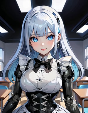 Here is the prompt:

A slender robot with a glossy silver metallic mechanical body and mechanized joints exposing internal structures relaxes in maid clothes against a blurred black background under fil lighting with high brightness. Her metallic body reflects her surroundings, and her big boobs sag slightly. Her face, featuring a robotic visage, smiles brightly at the viewer with round eyes, rounded eyelids, and light blue hair styled in fluffy medium-short bangs with earrings. She wears a blue and black military-style school uniform, with finely detailed fingers and a beautiful delicate face. The scene is set in a classroom setting with a bed in the background. The robot's hip-joints are mechanized and exposing internal structures. Create an HD image with a dynamic angle, showcasing her stunning features.