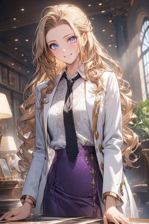 masterpiece, best quality, extremely detailed, (illustration, official art:1.1), 1 girl ,25 years old, long blonde hair, low 4 drill hair, big eyes, hair pulled back,  masterpiece, best quality, fine blue eyes, white shirt, black tie, Purple skirt, very long hair, white background, ((High-end white coat long-sleeve working)), Mature, Cheerful, brown boots, Exquisite images, Cheerful smile, film effect