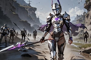 helmet, (one-handed spear on the battlefield: 1.5),((masterpiece, best quality, newest)),dark skin, Sexy figure,  black turtleneck long sleeves wetsuit ,black thigh high over the knee socks , (silver armor : 1.5), (silver armor lower body),((purple cloak on the behind back Shoulder)), hateful, Detailed images,scenery, Image line smoothing,dynamic,Bria,nhdsrmr,Expressiveh