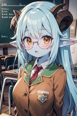 cute, orange eyes, blue long hair , elf ears , ((blue skin)), ((full-body shot)), ((goat horns)), masterpiece details++,HD,4K , Glasses, Brown jacket , green plaid skirt , (red tie) ,cds4