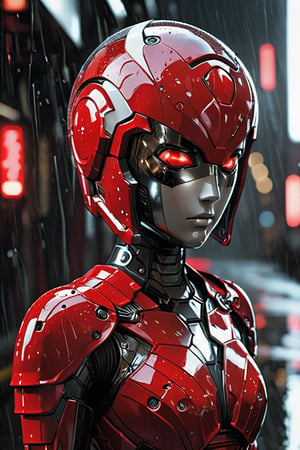 the photo shows a close-up of a humanoid robot or person in an advanced suit of armor. The design is sleek and modern, with red and white accents on a mostly black and gray base. It appears to be raining, as water droplets can be seen on the surface of the armor, the subject is either a robot or a person in a futuristic suit of armor, characterized by its sleek shape and intricate details, the helmet has red, viewfinder-like eyes, giving it an intense and focused look, water droplets can be seen on the surface, indicating that it is raining, in the background, blurred lights suggest an urban environment at night, the armor is highly detailed, with lines and patterns that suggest advanced technology,