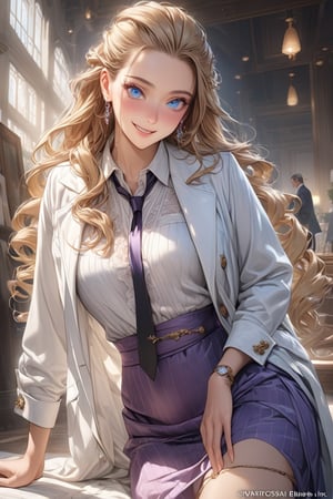 masterpiece, best quality, extremely detailed, (illustration, official art:1.1), 1 girl ,25 years old, long blonde hair, low 4 drill hair, big eyes, hair pulled back,  masterpiece, best quality, fine blue eyes, white shirt, black tie, Purple skirt, very long hair, white background, ((High-end white coat long-sleeve working)), Mature, Cheerful, brown boots, Exquisite images, Cheerful smile, mature female figure, whole body,Realistic Blue Eyes
