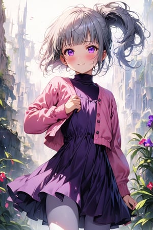 1 girl, air bangs, ((Thick bangs)), fringe bangs, hime cut, tie up hair, ponytail, ((short front ponytail)), ((no intake hair)), girl stand upright, (Focus on Pink cropped cardigan:1.5), (Focus on dark purple turtleneck dress:1.5), (white long tights), Cute red short boots, cute innocent smile, highres, detailed eyes, extremely detailed hair, Ultra-detail,highres, best quality, ((((light gray)))), (light gray short hair), ((purple eyes)), evil thoughts eyes, (Beautiful iris with high precision, masterpiece, Realistic Purple Eyes), high contrast, high_res 8K, ((1 girl standing)), best quality, extremely detailed, (illustration, official art:1.1), 10 years old, blush, cute face, masterpiece, best quality, Amazing, beautiful detailed eyes, ((little delicate girl )), innocent evil smile, (true beautiful:1.2), sense of depth, (true beautiful:1.2), tarem, (tiny 1girl model:1.2), (flat chest ), cute face, best quality, ((white background)), (((full-body shot))), minori kushieda, short hair, kawaii knight, eli ayase,