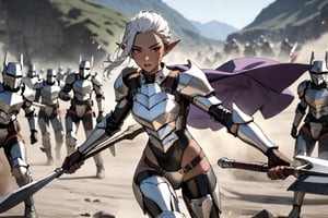((Soldiers injured and dead on war ground)),break armor,(Fighting on the battlefield with a spear wielding it: 1.5), hair choppy ,hair pulled back ,short hair, right side braid, bronze skin,((masterpiece, best quality, newest)),white hair, elf ears ,1 girl, 25 year old, marnie hair,dark skin, Sexy figure, beautiful red eyes, (((Left only 1 mole under eye:1.5))) , black turtleneck long sleeves wetsuit ,black thigh high over the knee socks , (silver armor : 1.5), (silver armor lower body),((purple cloak on the behind back Shoulder)), hateful, Detailed images,nhdsrmr,scenery, ,Beautiful Eyes,Image line smoothing, eyes on the camera, dynamic,Bria