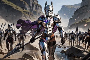 helmet, (one-handed spear on the battlefield: 1.5),The armor was in tatters and there was a lot of blood,((masterpiece, best quality, newest)),dark skin, Sexy figure, black turtleneck long sleeves wetsuit ,black thigh high over the knee socks , (silver armor : 1.5),black gloves, ((purple cloak on the behind back Shoulder)), hateful, Detailed images,scenery, Image line smoothing,dynamic,Bria,nhdsrmr,Expressiveh