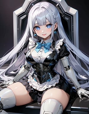 In a dynamic shot with high brightness and soft fill lighting, a slender robot sits comfortably in a blurred black background, wearing maid clothes and a blue and black military high school dress. Her glossy silver metallic body reflects her surroundings, showcasing mechanical joints that expose internal structures. Her round eyes, rounded eyelids, and brilliant smile captivate the viewer as she looks directly at them. Her hair is light blue, styled in fluffy medium-short locks with bangs and earrings. Her facial features are finely detailed, with a fuller face and a beautiful delicate complexion. The robot's mechanical big boobs sag slightly, while her hip-joints and fingers are mechanized and exposed, giving a glimpse into her internal structures. She sits comfortably in a bed classroom setting, with one foot partially visible. The overall image is a masterpiece of best quality, showcasing the artist's attention to detail and skill in creating a stunning piece.