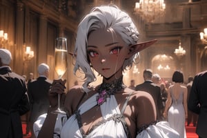 hair choppy ,hair pulled back ,short hair, right side braid, bronze skin,((masterpiece, best quality, newest)),white hair, elf ears ,1 girl, 25 year old, marnie hair,dark skin, beautiful Exquisite red eyes,
bright eyes, (((Left only 1 mole under eye:1.5))) ,hateful, Detailed images,Beautiful Eyes,Image line smoothing, eyes on the camera, Different dynamics ,palace ball, Red and purple and white one-piece suspender ball 
long dress , cinematic lighting , specular lighting, rosy and glowing skin , Holding champagne glass, Multi-person dance party