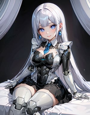 In a dynamic shot with high brightness and soft fill lighting, a slender robot sits comfortably in a blurred black background, wearing maid clothes and a blue and black military high school dress. Her glossy silver metallic body reflects her surroundings, showcasing mechanical joints that expose internal structures. Her round eyes, rounded eyelids, and brilliant smile captivate the viewer as she looks directly at them. Her hair is light blue, styled in fluffy medium-short locks with bangs and earrings. Her facial features are finely detailed, with a fuller face and a beautiful delicate complexion. The robot's mechanical big boobs sag slightly, while her hip-joints and fingers are mechanized and exposed, giving a glimpse into her internal structures. She sits comfortably in a bed classroom setting, with one foot partially visible. The overall image is a masterpiece of best quality, showcasing the artist's attention to detail and skill in creating a stunning piece.