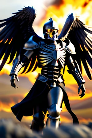 highly detailed, high quality, masterwork, beautiful,  medium short shot, just a skeleton-headed warrior in gray armor black angel wings coming out of the sides of his back (flaming eyes, Prussian helmet, battlefield of the first war world,DonM3l3m3nt4lXL,LegendDarkFantasy