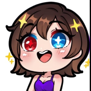 high quality, high resolution, highly detailed face, white background, chibi, 1 girl, alone, cute face, kawaii, sexy, twitch, loli, ((short dark brown hair)), ((heterochromia)), ((blue eyes, red eyes)), ((purple dress with design)), ((big yellow flash in her eyes)), ((mouth open and amazed)), Big, sparkling, excited eyes, similar to Twitch emotes. ((The eyes should have a bright glow that seems to come out of them)), with sparkles and stars around them, capturing a sense of wonder and joy. The drawing style should be colorful, vibrant, and with a simple background, (((Big sparking in her eyes)))