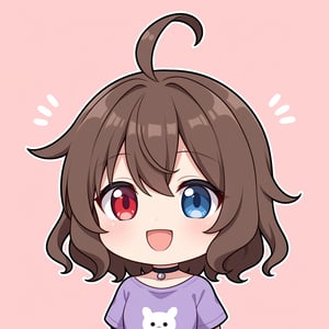 (chibi style), {{{masterpiece}}}, {{{best quality}}}, {{ultra-detailed}}, (sideview), ((happy)), 1 girl, {{dark brown hair}}, short hair, (two sides up), ((heterochromia)), ((blue eyes, red eyes)), (wavy hair), (bangs), (two sides up), choker, ahoge, (purple shirt), (games), games in her cozy room, complementing pastel colors with purple, upper body, chibi emote style, chibi, emote, twitch, cute, Chibi Emote, anime, pastel background, minimalist, ((:3))