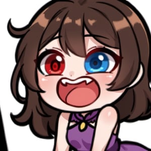  Mictia's emote, high quality, high resolution, highly detailed face, white background, chibi, 1 girl, solo, cute face, kawaii, sexy, twitch, loli, (((sideway))), twitch, short dark brown hair, heterochromia, blue eyes, red eyes, purple dress, (((screaming happy)))