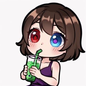 high quality, high resolution, highly detailed face, white background, chibi, 1 girl, alone, cute face, kawaii, sexy, twitch, loli, ((short dark brown hair)), ((heterochromia)), ((blue eyes, red eyes)), ((purple dress with design)), ((drinking juice with both hands)), :o