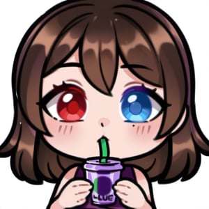 high quality, high resolution, highly detailed face, white background, chibi, 1 girl, alone, cute face, kawaii, sexy, twitch, loli, ((short dark brown hair)), ((heterochromia)), ((blue eyes, red eyes)), ((purple dress with design)), ((Drinking purple cardboard juice with both hands)), ((white background)), :o