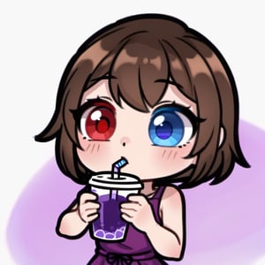 high quality, high resolution, highly detailed face, white background, chibi, 1 girl, alone, cute face, kawaii, sexy, twitch, loli, ((short dark brown hair)), ((heterochromia)), ((blue eyes, red eyes)), ((purple dress with design)), ((Drinking purple cardboard juice with both hands)), ((white background)), :o