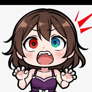 A chibi depiction of a solo loli on a white background, showcasing her high-quality, highly detailed face. She's positioned ((sideways)), ((screaming)) with her mouth open in a surprised expression. Her dark brown hair is short, with bangs framing her cute and sexy features. Her eyes are a striking combination of blue and red, exhibiting ((heterochromia)). She wears a purple dress that accentuates her petite frame. The overall atmosphere exudes kawaii charm, perfect for a twitch stream featuring this adorable loli character.