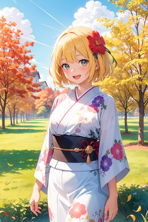 1girl, solo, purple floral printed kimono, exquisite details, looking at viewer, blush, smile, short hair, open mouth, anime colored, cute face, 3D face, hair ornament, green eyes, flower, yellow hair, glowing eyes, shiny hair, shiny skin, outdoors, sky, day, cloud, tree, blue sky, grass, curtains,  fence, autumn leaves, field, autumn, chiaroscuro, sangonomiya kokomi (sparkling coralbone),High detailed,More Detail,ayaka_genshin,watercolor,masterpiece